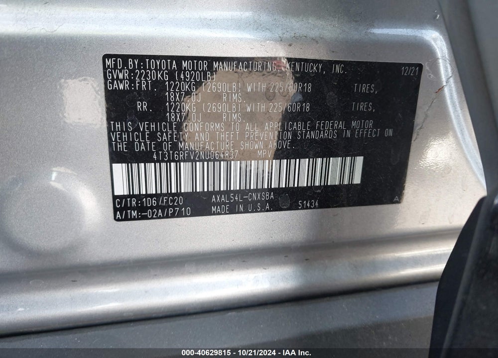 2022 TOYOTA RAV4 HYBRID SE VIN: 4T3T6RFV2NU064837