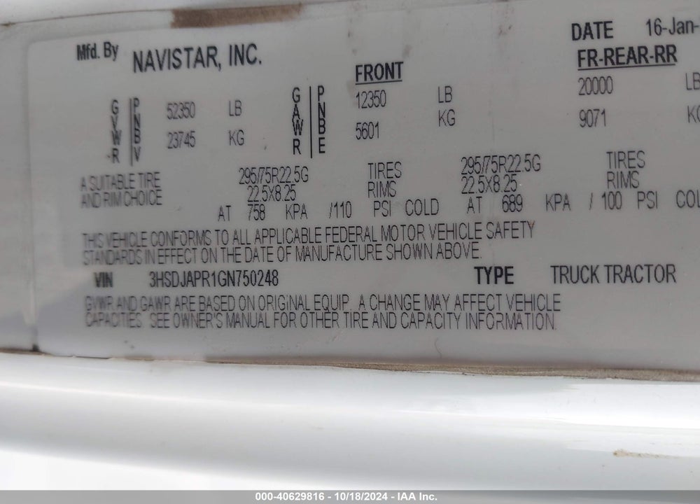 2016 INTERNATIONAL PROSTAR VIN: 3HSDJAPR1GN750248