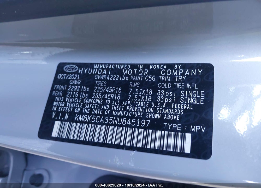 2022 HYUNDAI KONA LIMITED VIN: KM8K5CA35NU845197