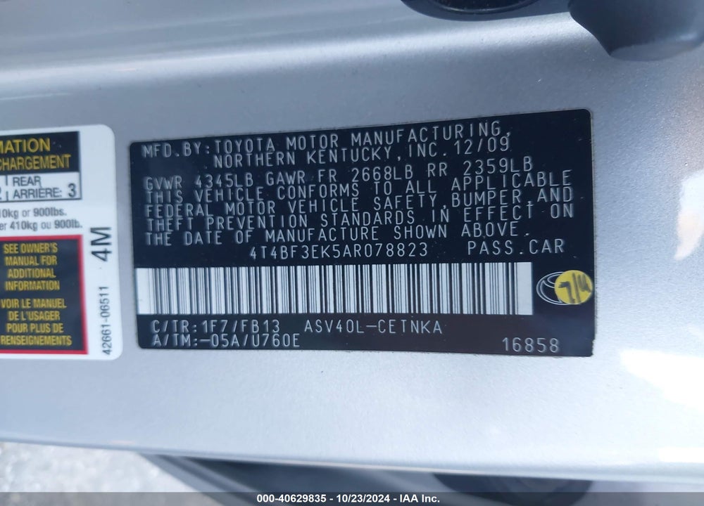 2010 TOYOTA CAMRY LE VIN: 4T4BF3EK5AR078823
