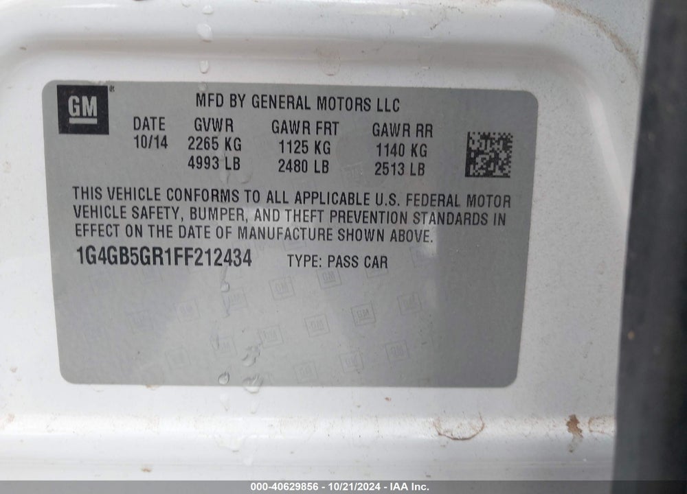 2015 BUICK LACROSSE LEATHER VIN: 1G4GB5GR1FF212434