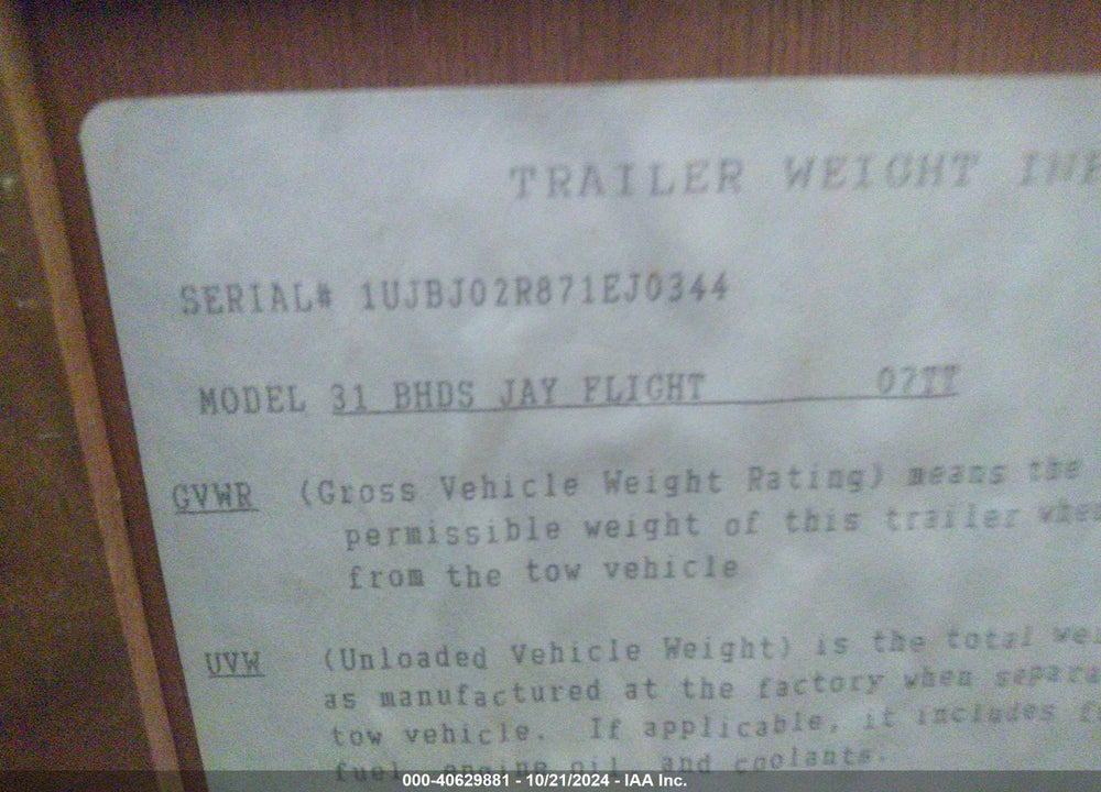 2007 JAYCO TRAVEL TRAILER VIN: 1UJBJ02R87AEJ0344