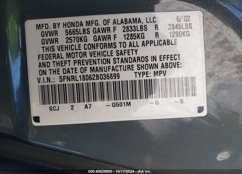 2002 HONDA ODYSSEY EX-L VIN: 5FNRL18062B036899