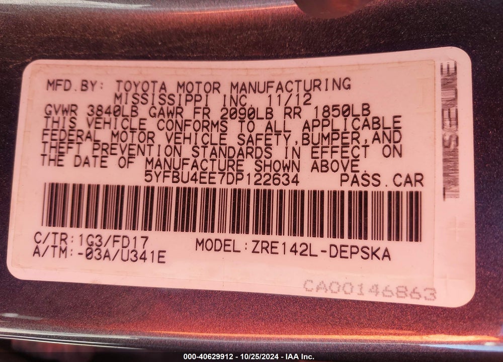 2013 TOYOTA COROLLA S VIN: 5YFBU4EE7DP122634
