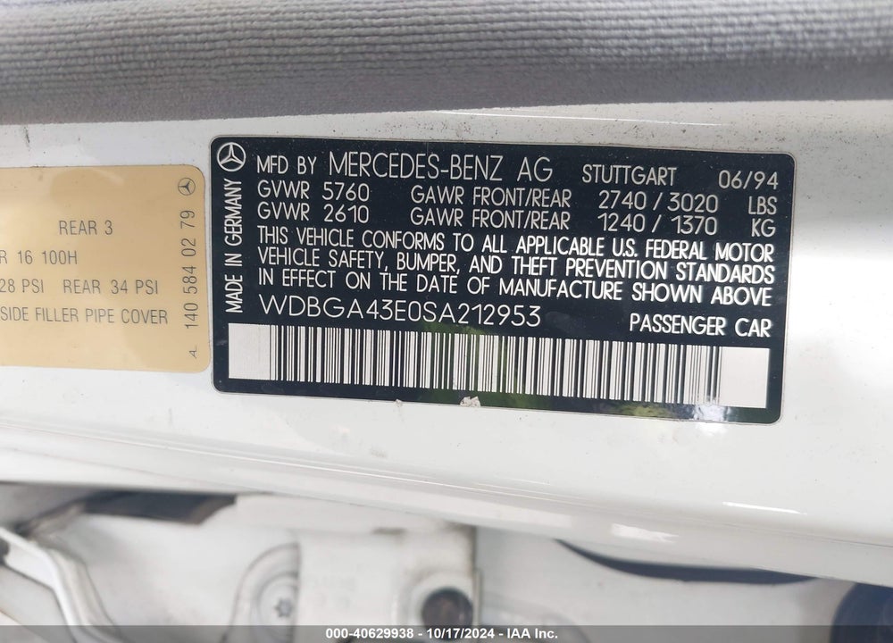 1995 MERCEDES-BENZ S 420 VIN: WDBGA43E0SA212953