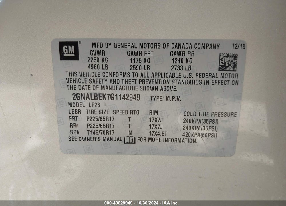 2016 CHEVROLET EQUINOX LS VIN: 2GNALBEK7G1142949