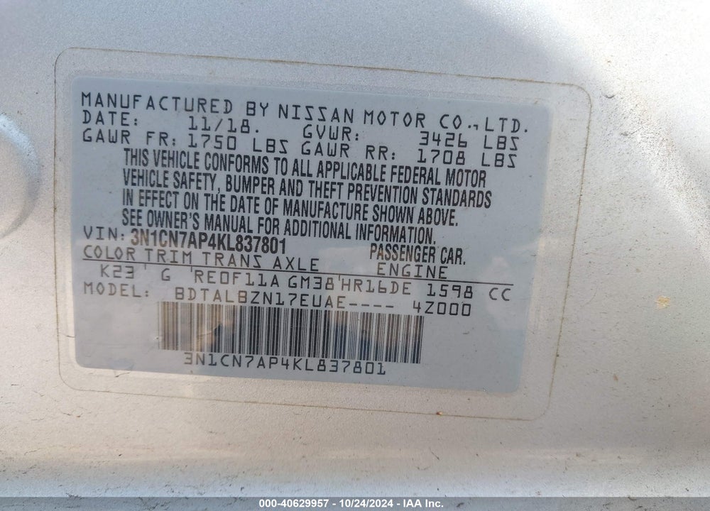 2019 NISSAN VERSA 1.6 SV VIN: 3N1CN7AP4KL837801