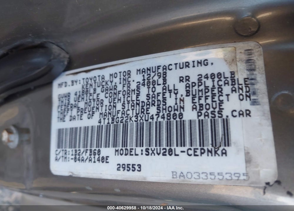 1999 TOYOTA CAMRY LE VIN: 4T1BG22K3XU474800