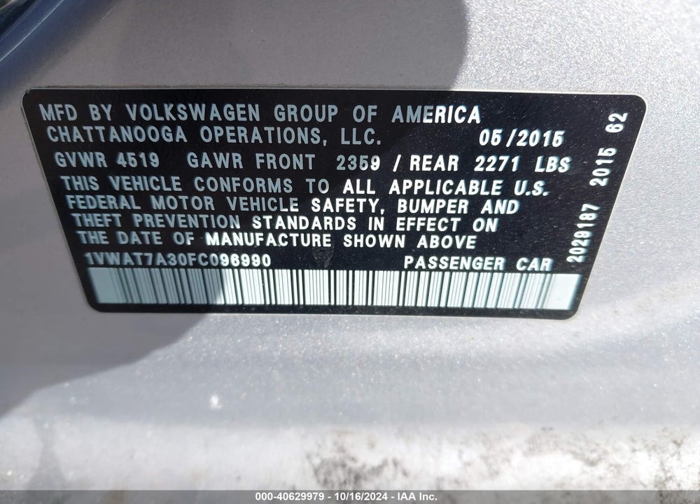 2015 VOLKSWAGEN PASSAT 1.8T WOLFSBURG EDITION VIN: 1VWAT7A30FC096990
