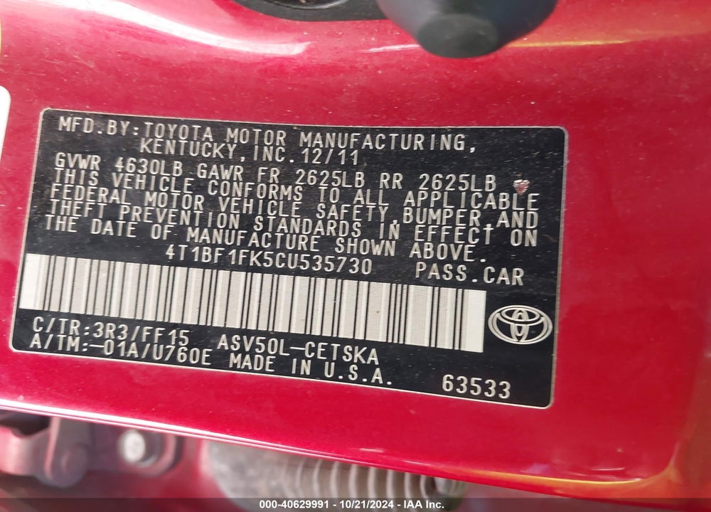 2012 TOYOTA CAMRY SE VIN: 4T1BF1FK5CU535730