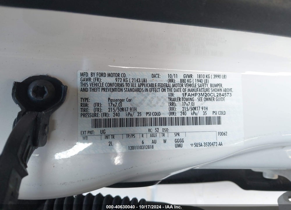 2012 FORD FOCUS SEL VIN: 1FAHP3M20CL284573