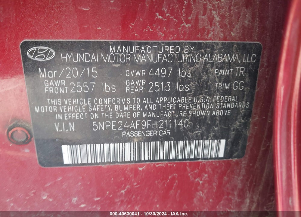 2015 HYUNDAI SONATA SE VIN: 5NPE24AF9FH211140