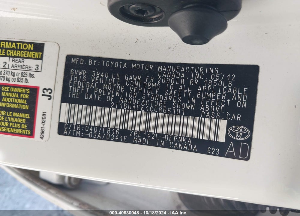 2012 TOYOTA COROLLA LE VIN: 2T1BU4EE1CC866101