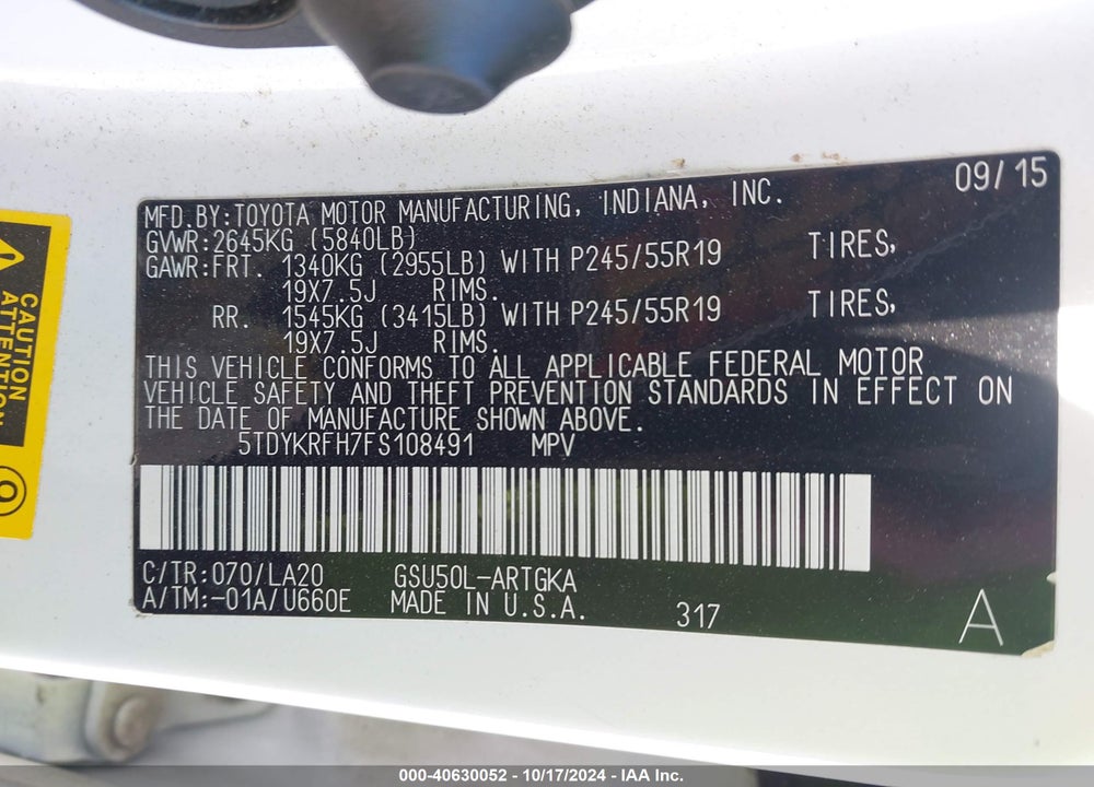 2015 TOYOTA HIGHLANDER LIMITED V6 VIN: 5TDYKRFH7FS108491