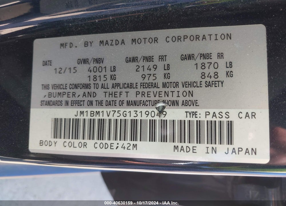 2016 MAZDA 3 I TOURING VIN: JM1BM1V75G1319049