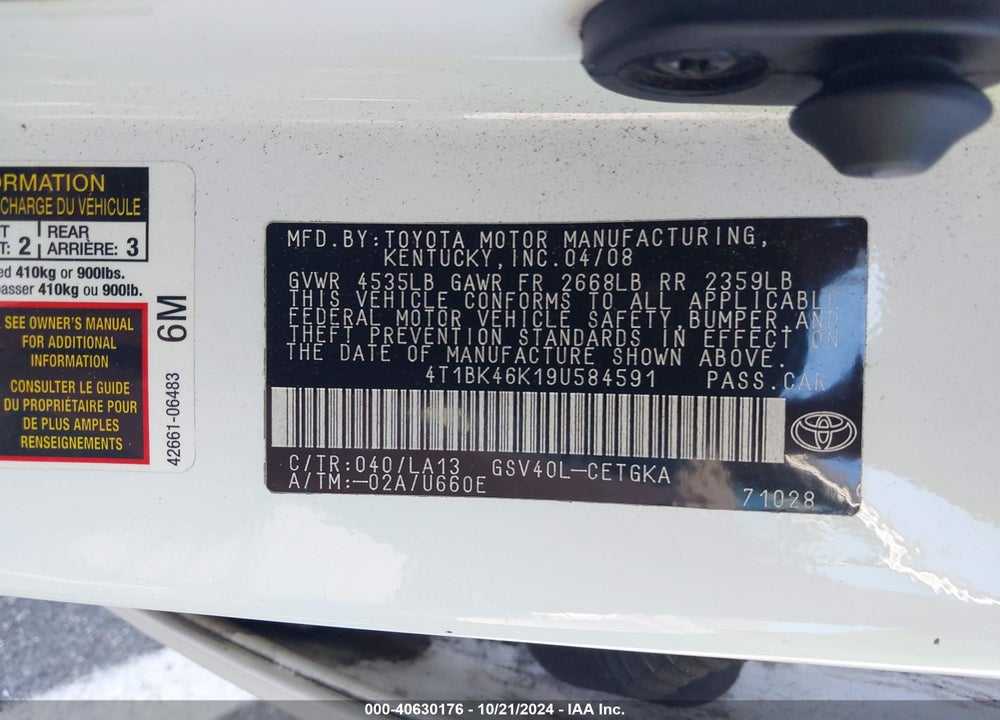 2009 TOYOTA CAMRY XLE V6 VIN: 4T1BK46K19U584591