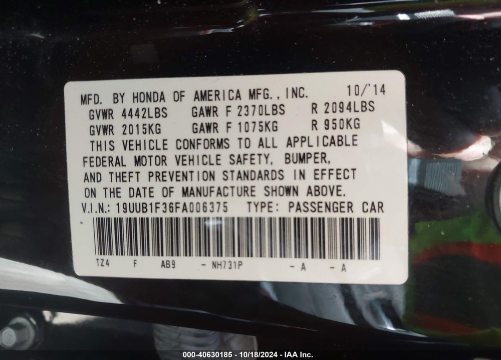 2015 ACURA TLX VIN: 19UUB1F36FA006375