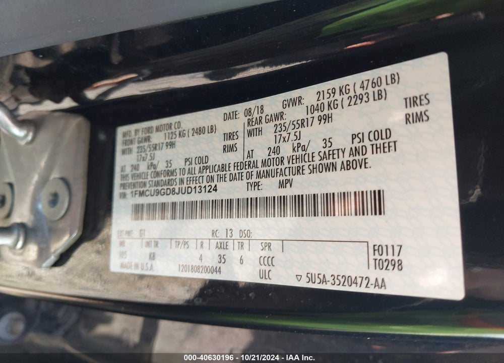 2018 FORD ESCAPE SE VIN: 1FMCU9GD8JUD13124