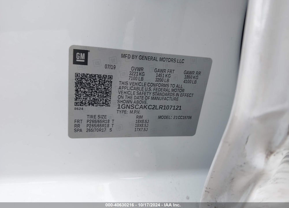 2020 CHEVROLET TAHOE 2WD LS VIN: 1GNSCAKC2LR107121