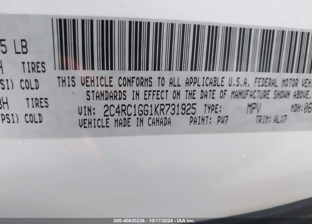 2019 CHRYSLER PACIFICA LIMITED VIN: 2C4RC1GG1KR731925