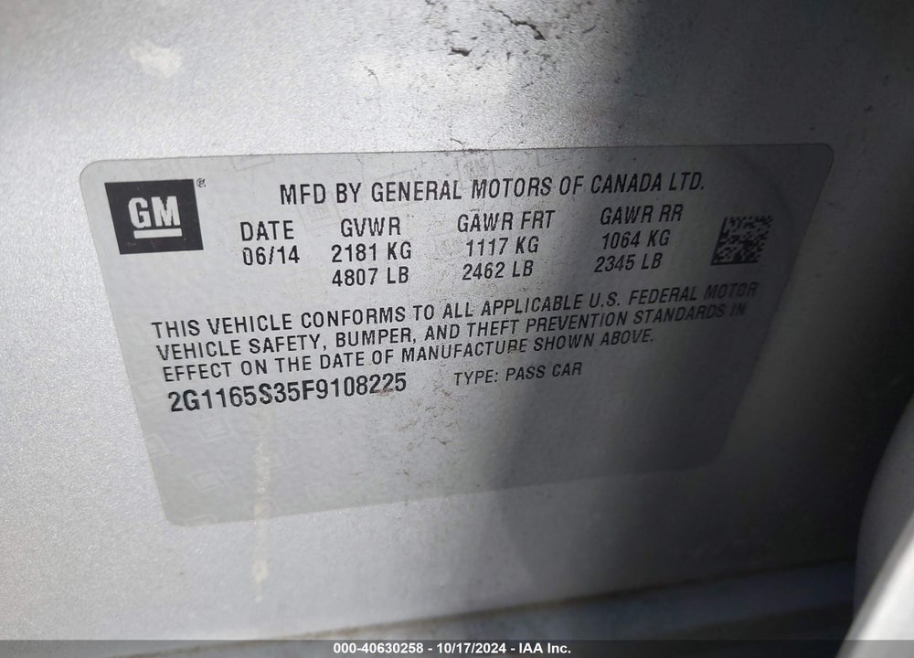 2015 CHEVROLET IMPALA 2LZ VIN: 2G1165S35F9108225