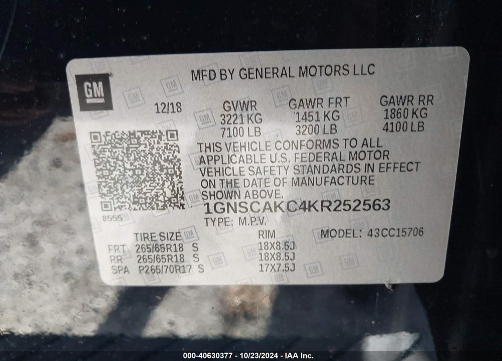 2019 CHEVROLET TAHOE LS VIN: 1GNSCAKC4KR252563