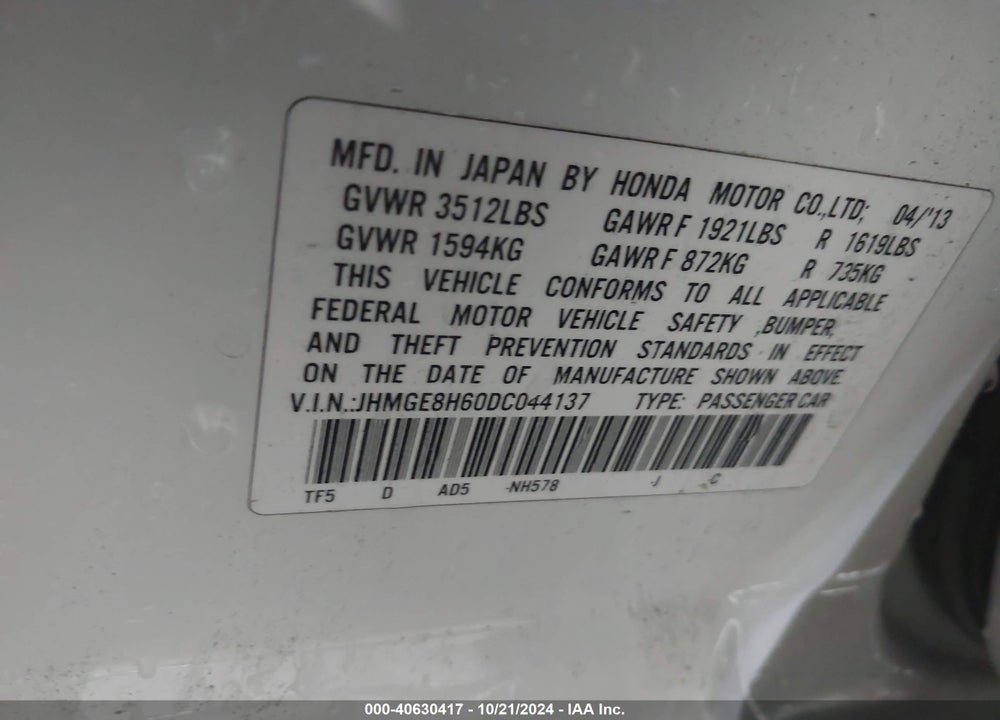 2013 HONDA FIT SPORT VIN: JHMGE8H60DC044137