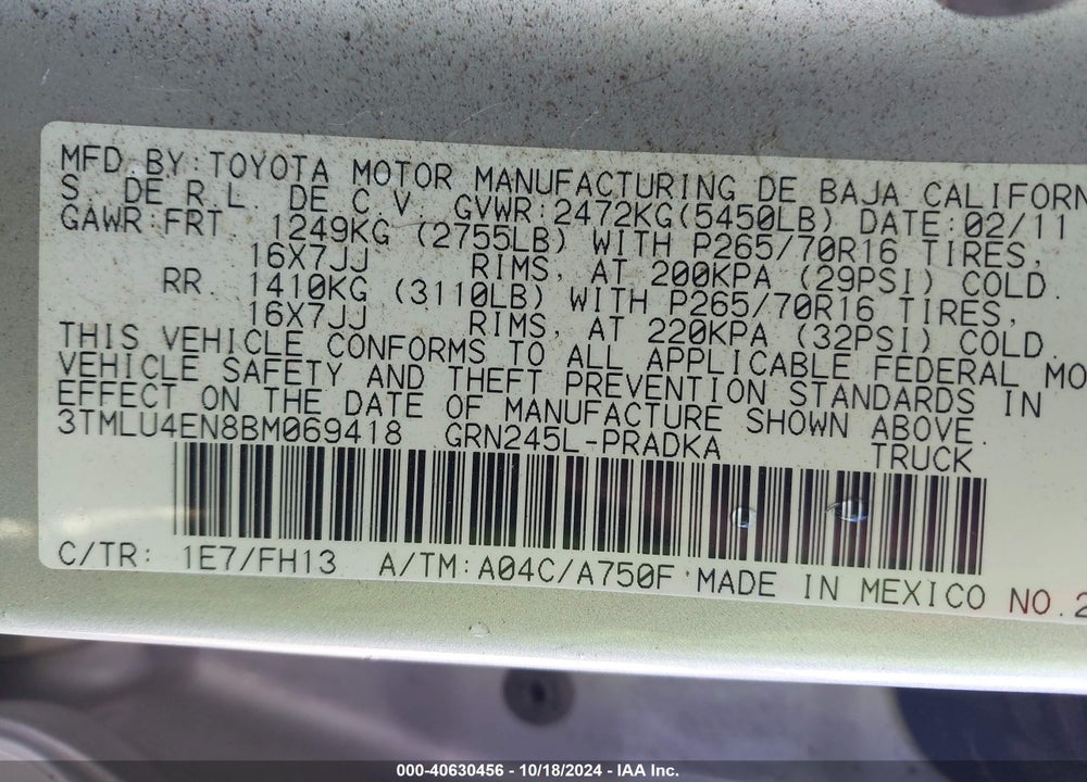 2011 TOYOTA TACOMA DOUBLE CAB VIN: 3TMLU4EN8BM069418