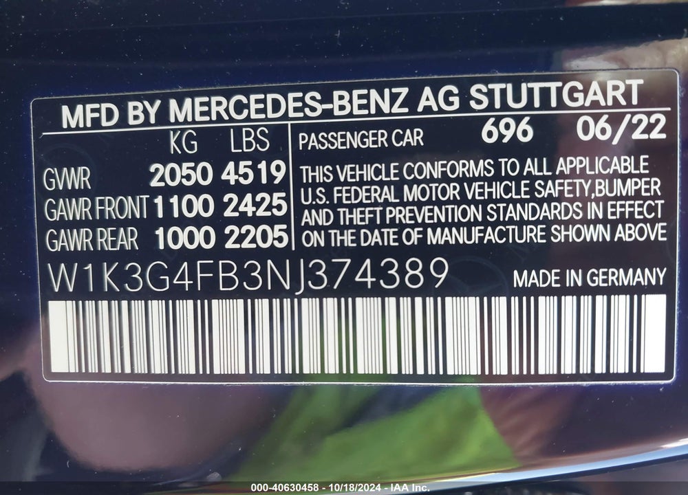 2022 MERCEDES-BENZ A 220 4MATIC VIN: W1K3G4FB3NJ374389