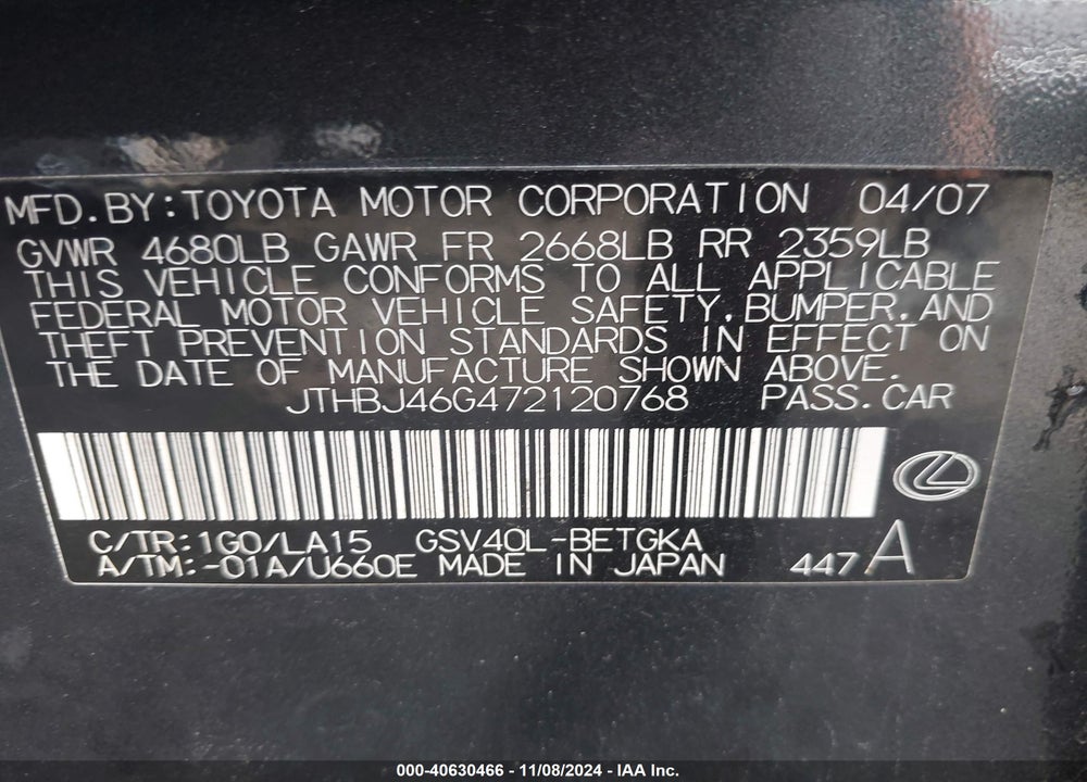 2007 LEXUS ES 350 VIN: JTHBJ46G472120768