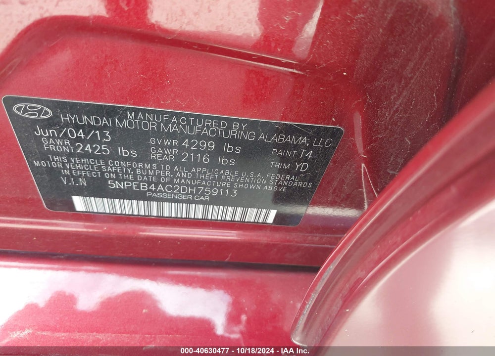 2013 HYUNDAI SONATA GLS VIN: 5NPEB4AC2DH759113
