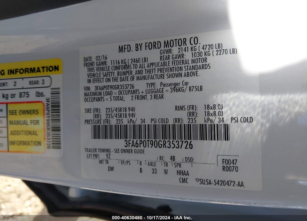 2016 FORD FUSION SE VIN: 3FA6P0T90GR353726