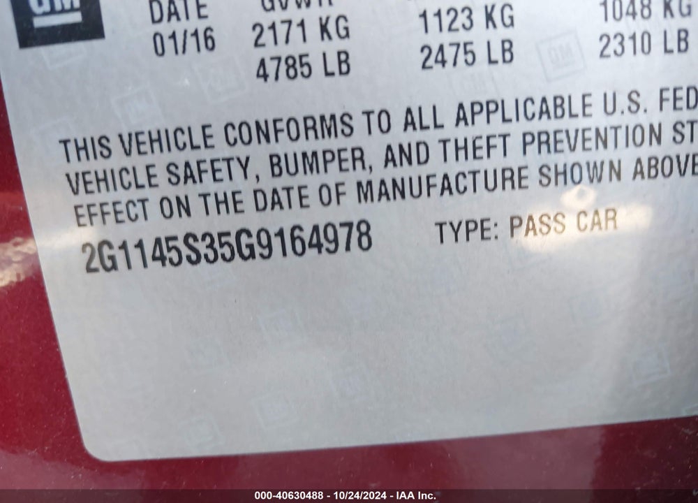 2016 CHEVROLET IMPALA VIN: 2G1145S35G9164978