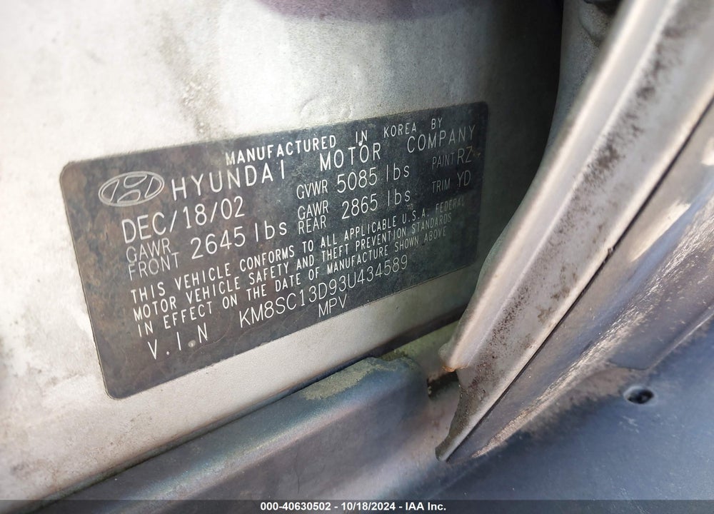 2003 HYUNDAI SANTA FE GLS/LX VIN: KM8SC13D93U434589