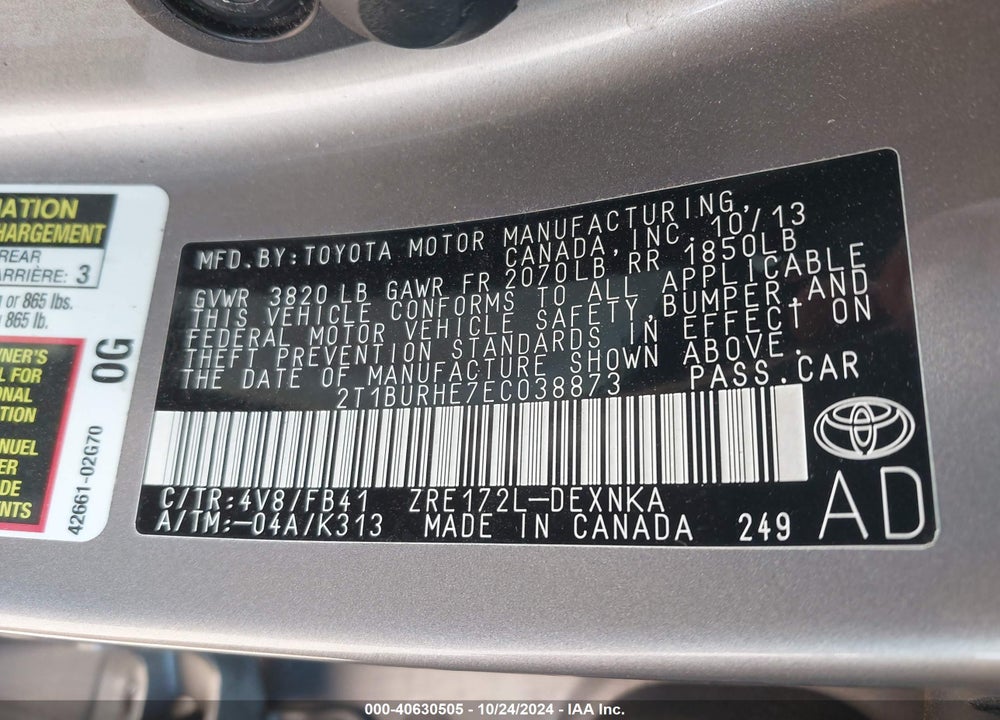 2014 TOYOTA COROLLA LE VIN: 2T1BURHE7EC038873