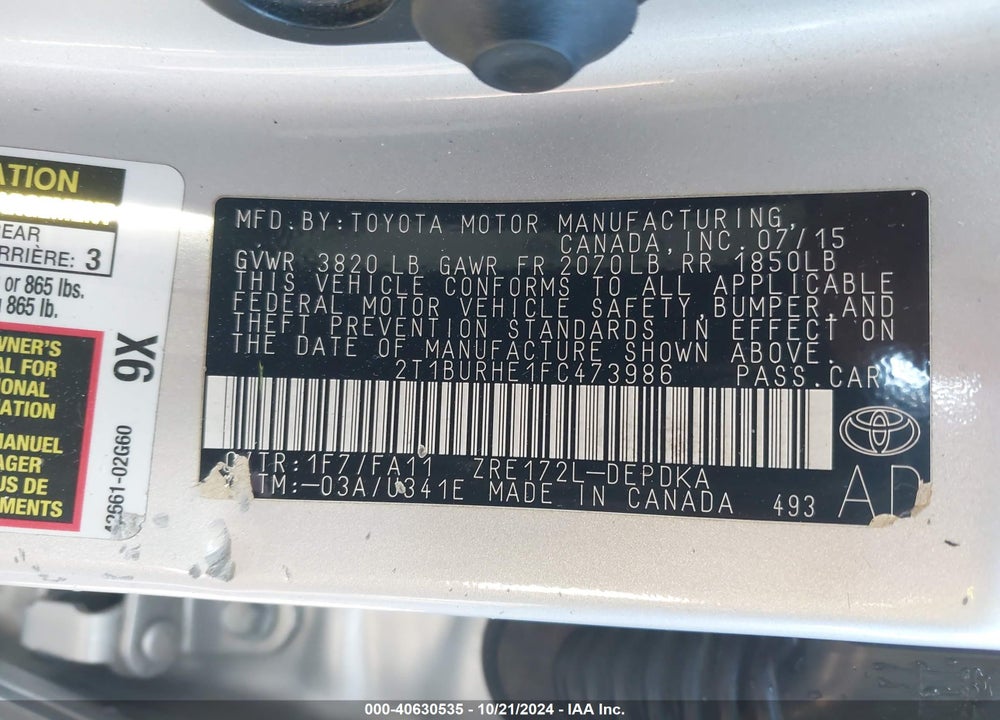 2015 TOYOTA COROLLA L VIN: 2T1BURHE1FC473986
