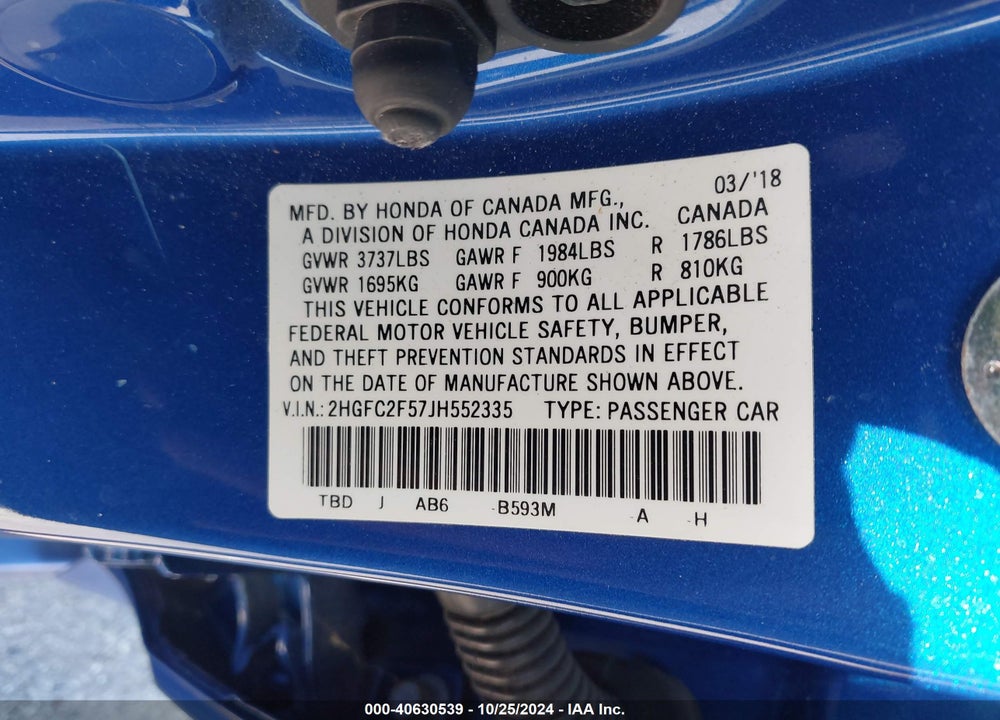 2018 HONDA CIVIC LX VIN: 2HGFC2F57JH552335