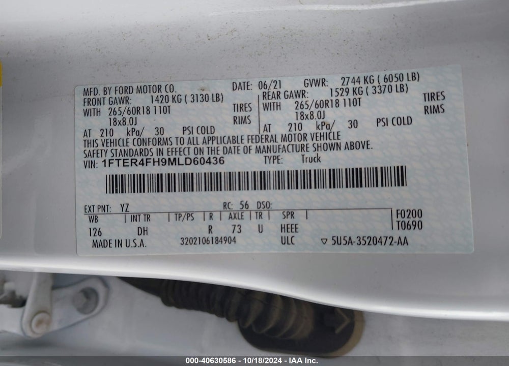 2021 FORD RANGER LARIAT VIN: 1FTER4FH9MLD60436
