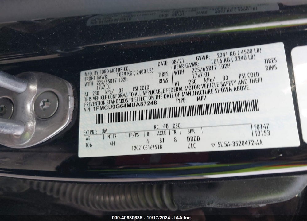 2021 FORD ESCAPE SE VIN: 1FMCU9G64MUA87248