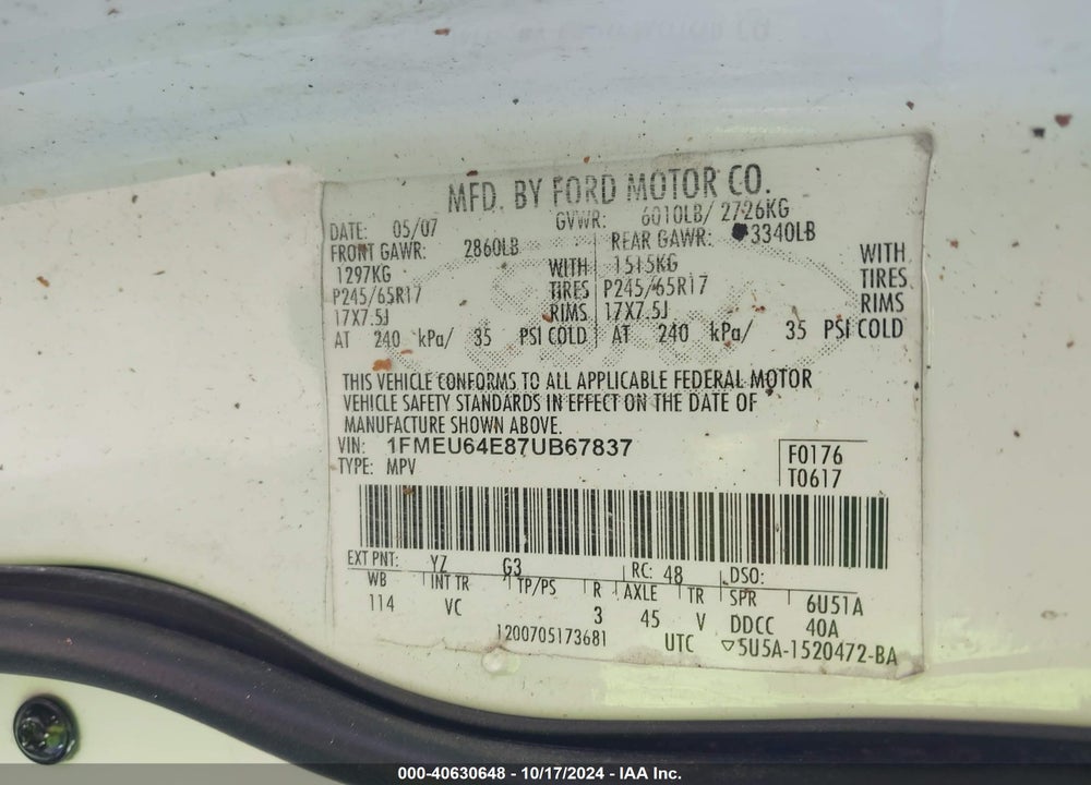2007 FORD EXPLORER EDDIE BAUER VIN: 1FMEU64E87UB67837