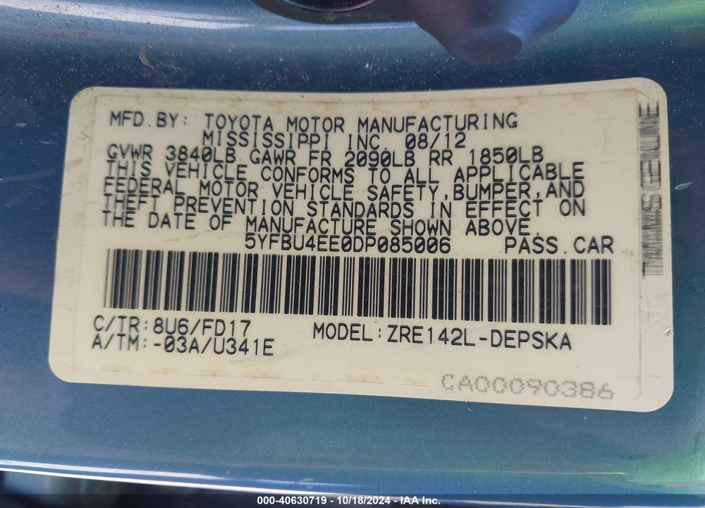 2013 TOYOTA COROLLA VIN: 5YFBU4EE0DP085006