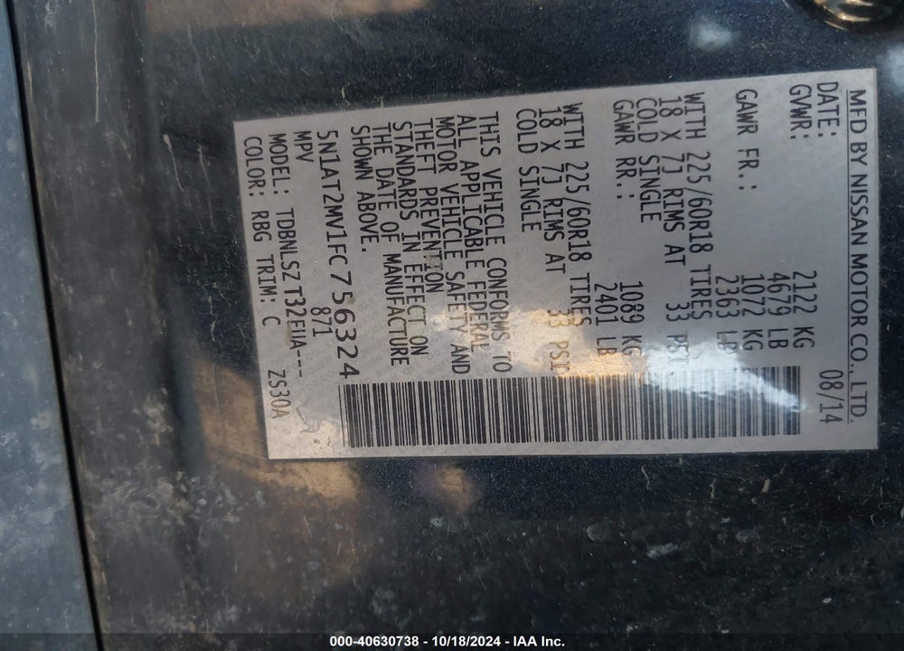 2015 NISSAN ROGUE SL VIN: 5N1AT2MV1FC756324