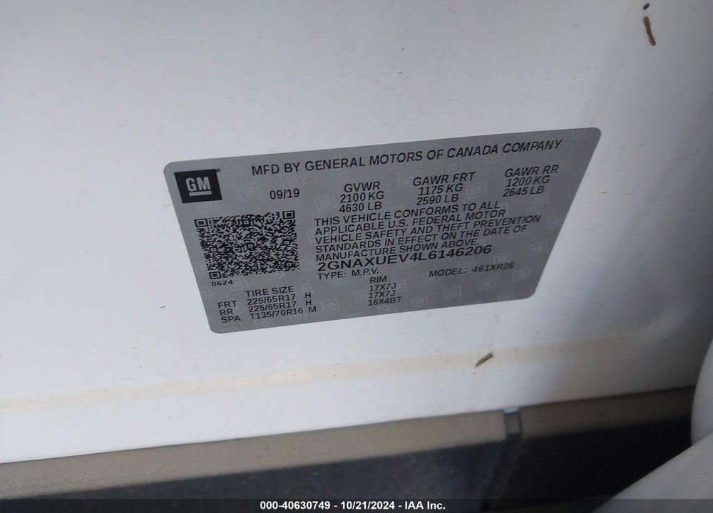2020 CHEVROLET EQUINOX AWD LT 1.5L TURBO VIN: 2GNAXUEV4L6146206