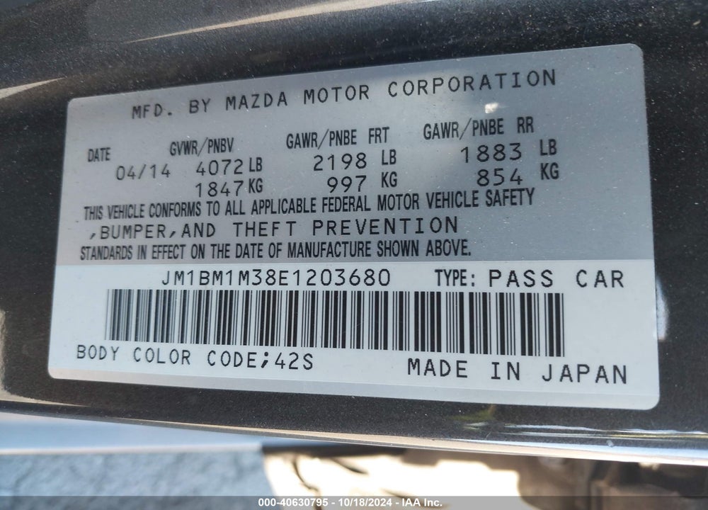 2014 MAZDA 3 S GRAND TOURING VIN: JM1BM1M38E1203680