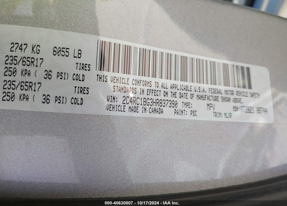 2017 CHRYSLER PACIFICA TOURING L VIN: 2C4RC1BG3HR837390
