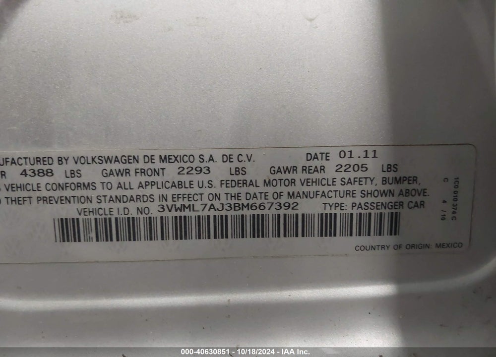 2011 VOLKSWAGEN JETTA SPORTWAGEN 2.0L TDI VIN: 3VWML7AJ3BM667392