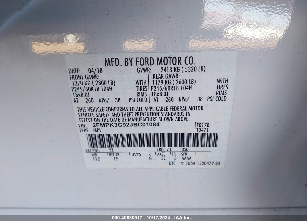 2018 FORD EDGE SE VIN: 2FMPK3G92JBC01084
