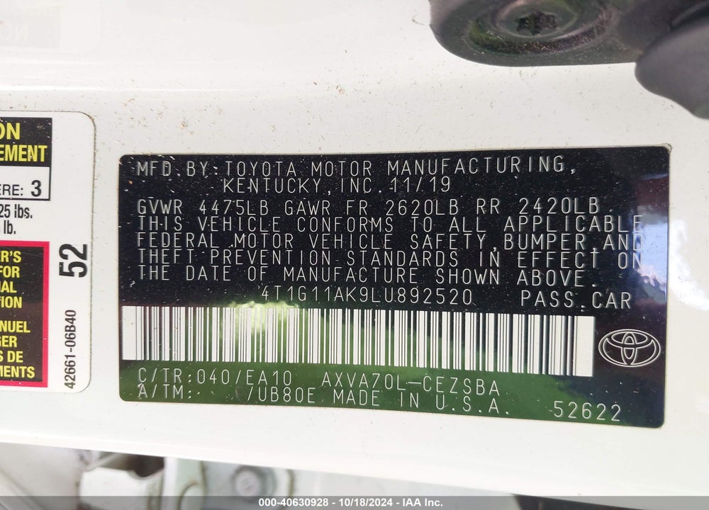 2020 TOYOTA CAMRY SE VIN: 4T1G11AK9LU892520