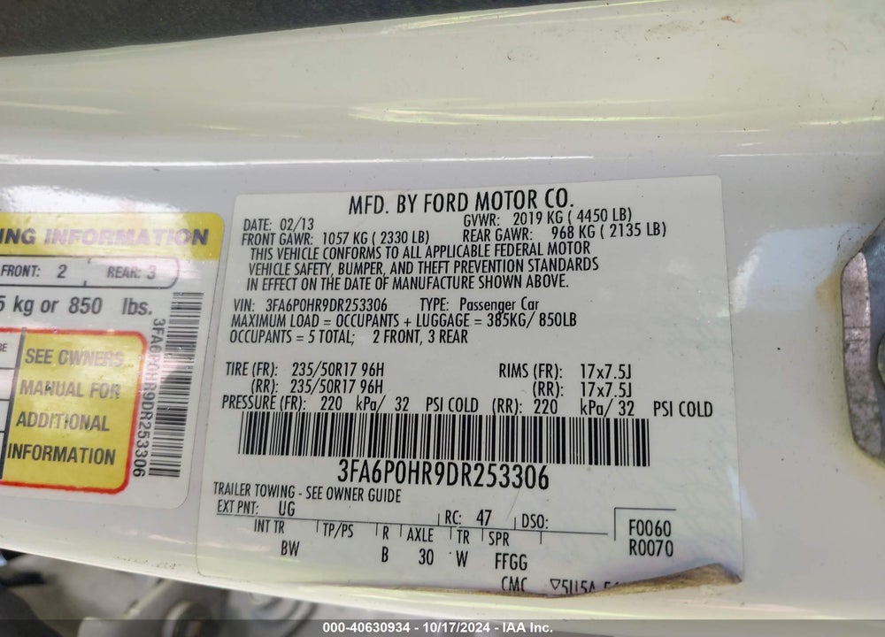2013 FORD FUSION SE VIN: 3FA6P0HR9DR253306