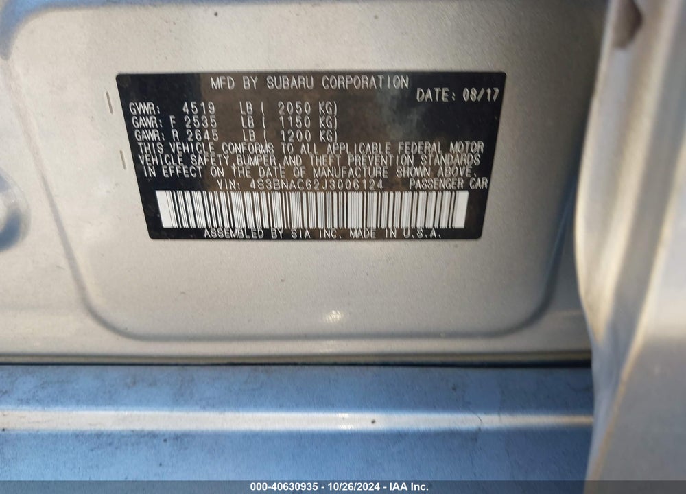 2018 SUBARU LEGACY PREMIUM VIN: 4S3BNAC62J3006124